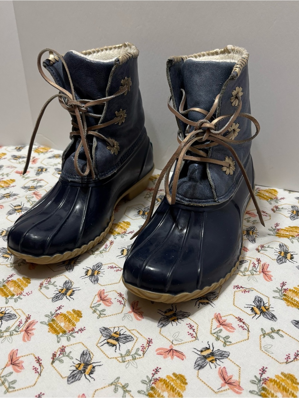 Jack Rogers Navy and Brown Lace-Up Winter Rain Boots
